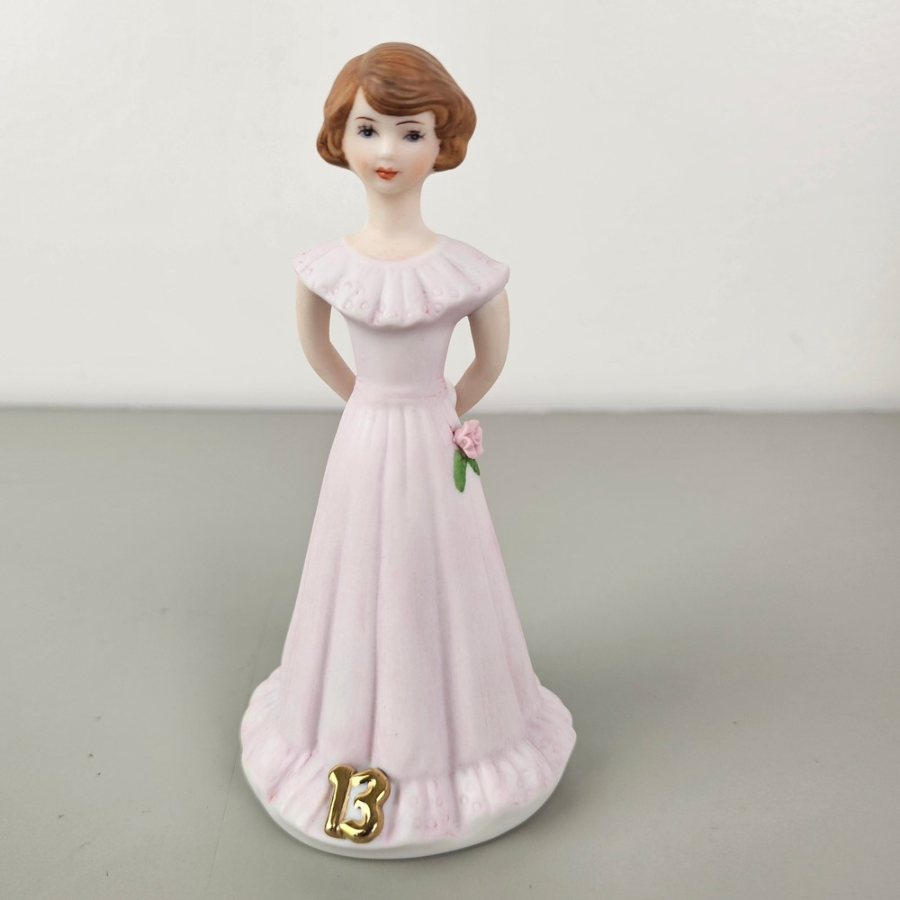 Enesco Growing Up Birthday Girls Brunette Figurine Age 13 Pink Dress 1982